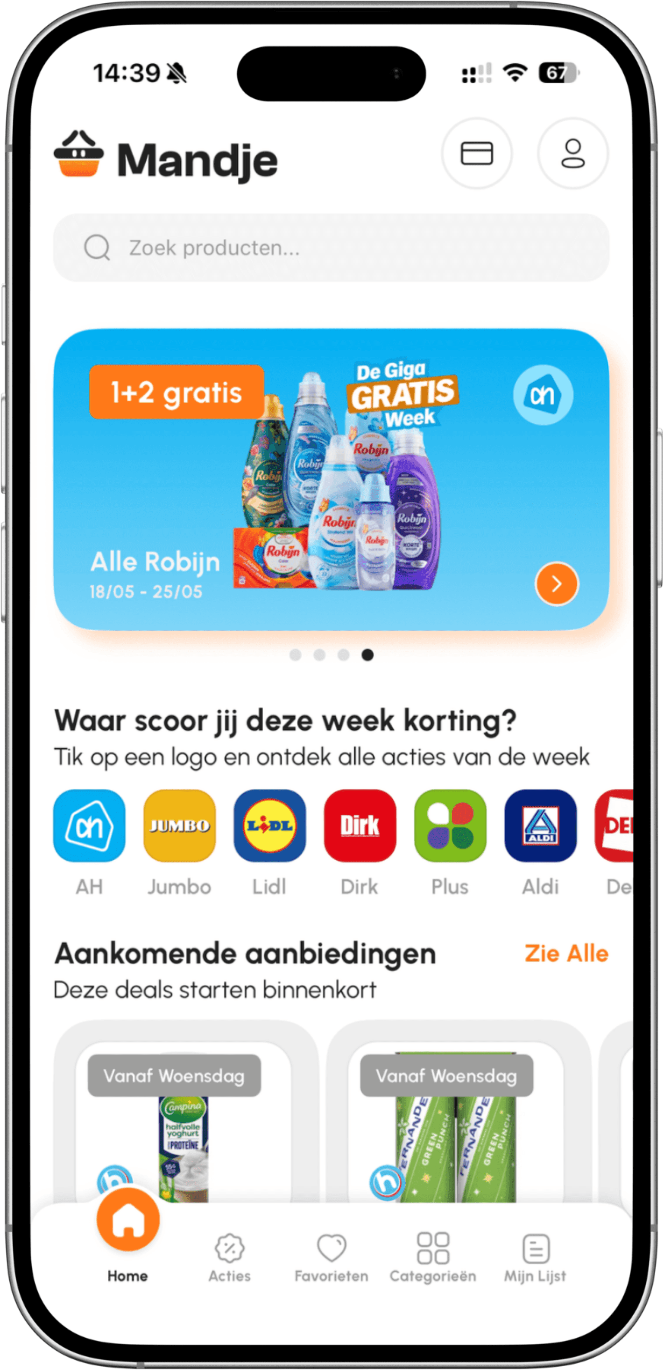 Mandje-app homescherm op een iPhone