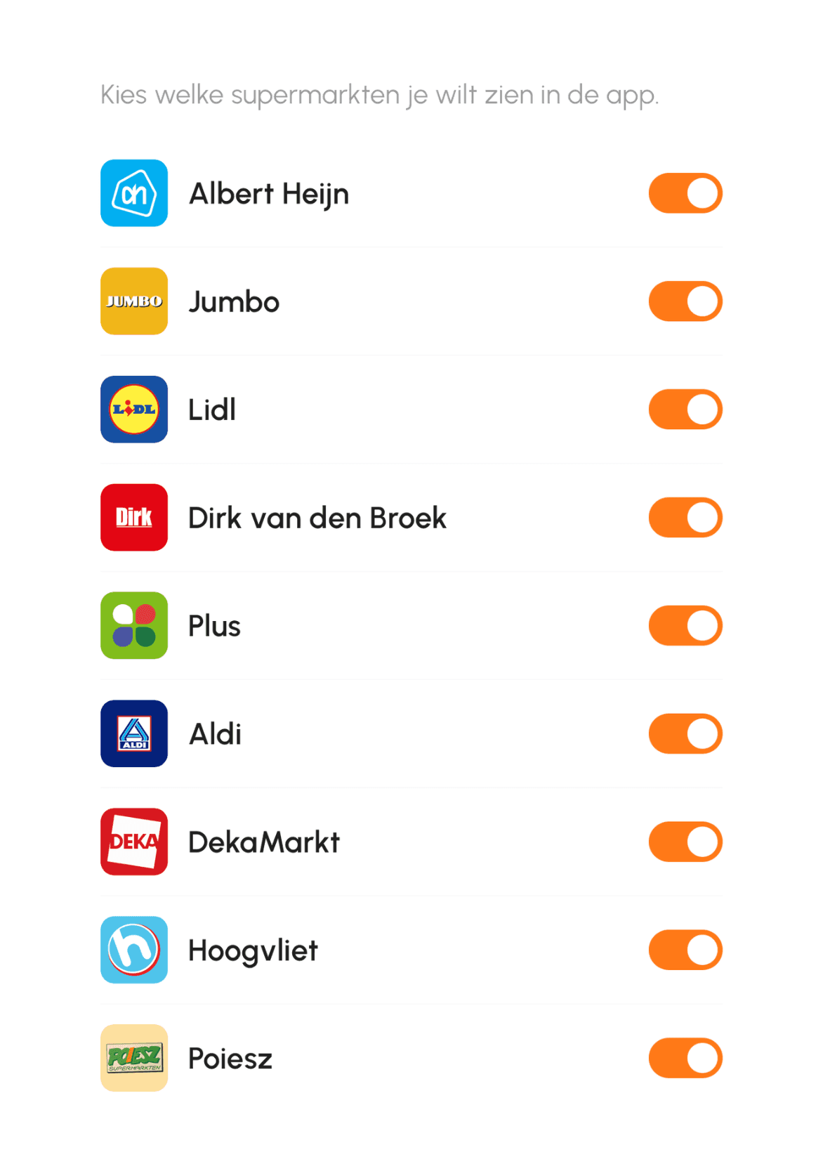 Kies welke supermarkten je wilt zien in de app