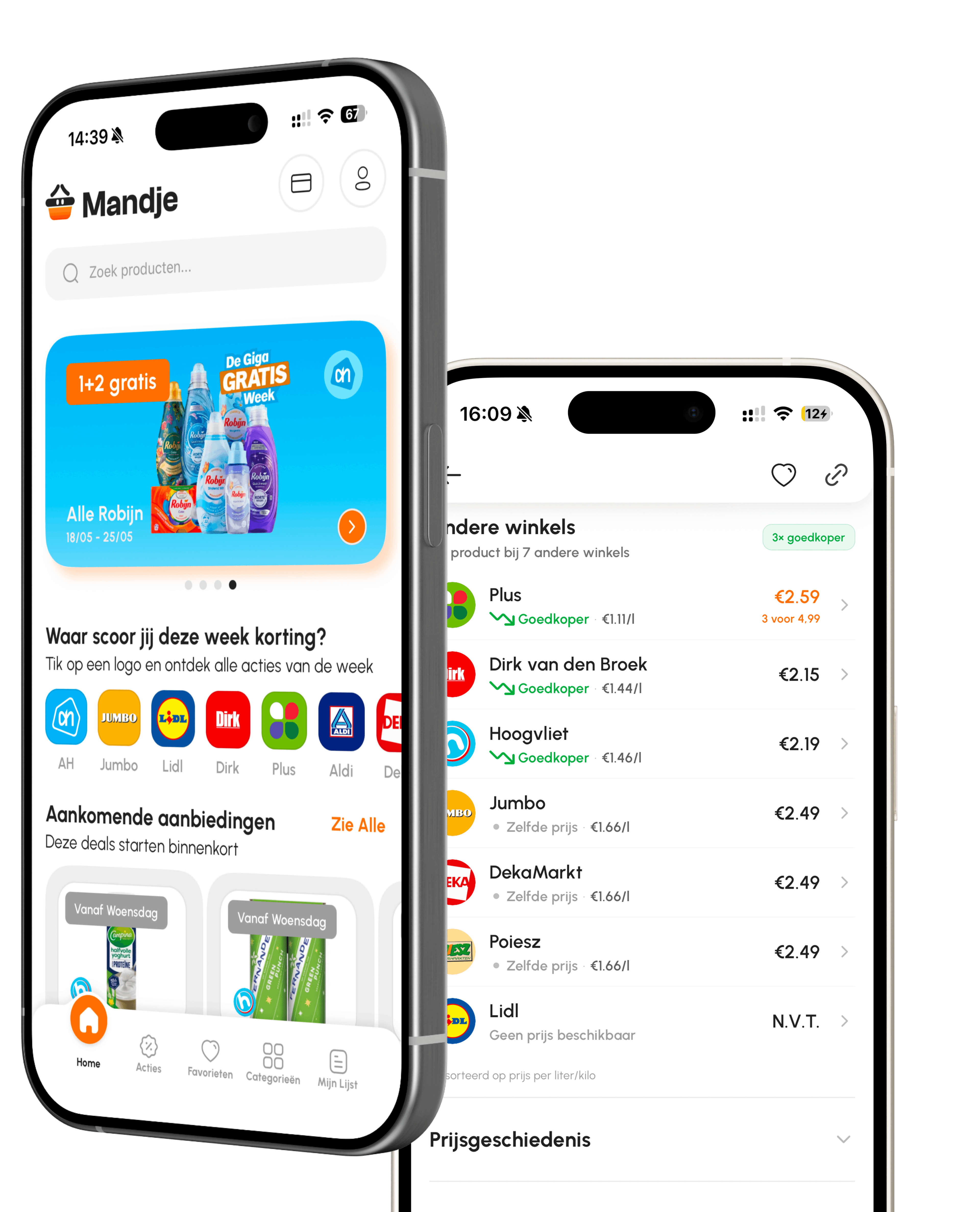 De Mandje-app op twee telefoons